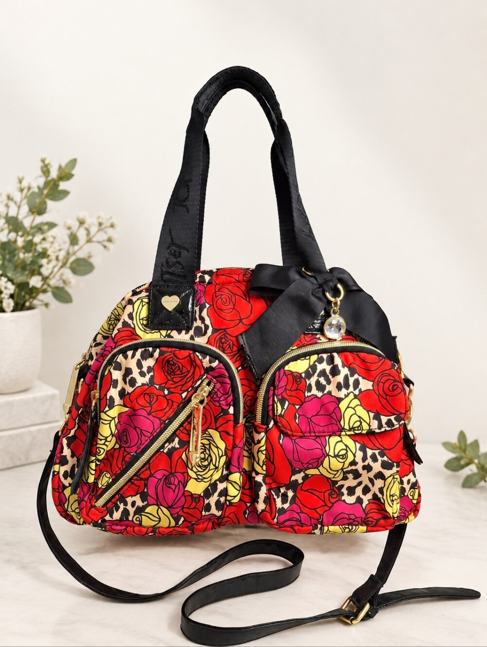 Betsey Johnson Rose Leopard Print Satchel Convertible Crossbody Bag EUC